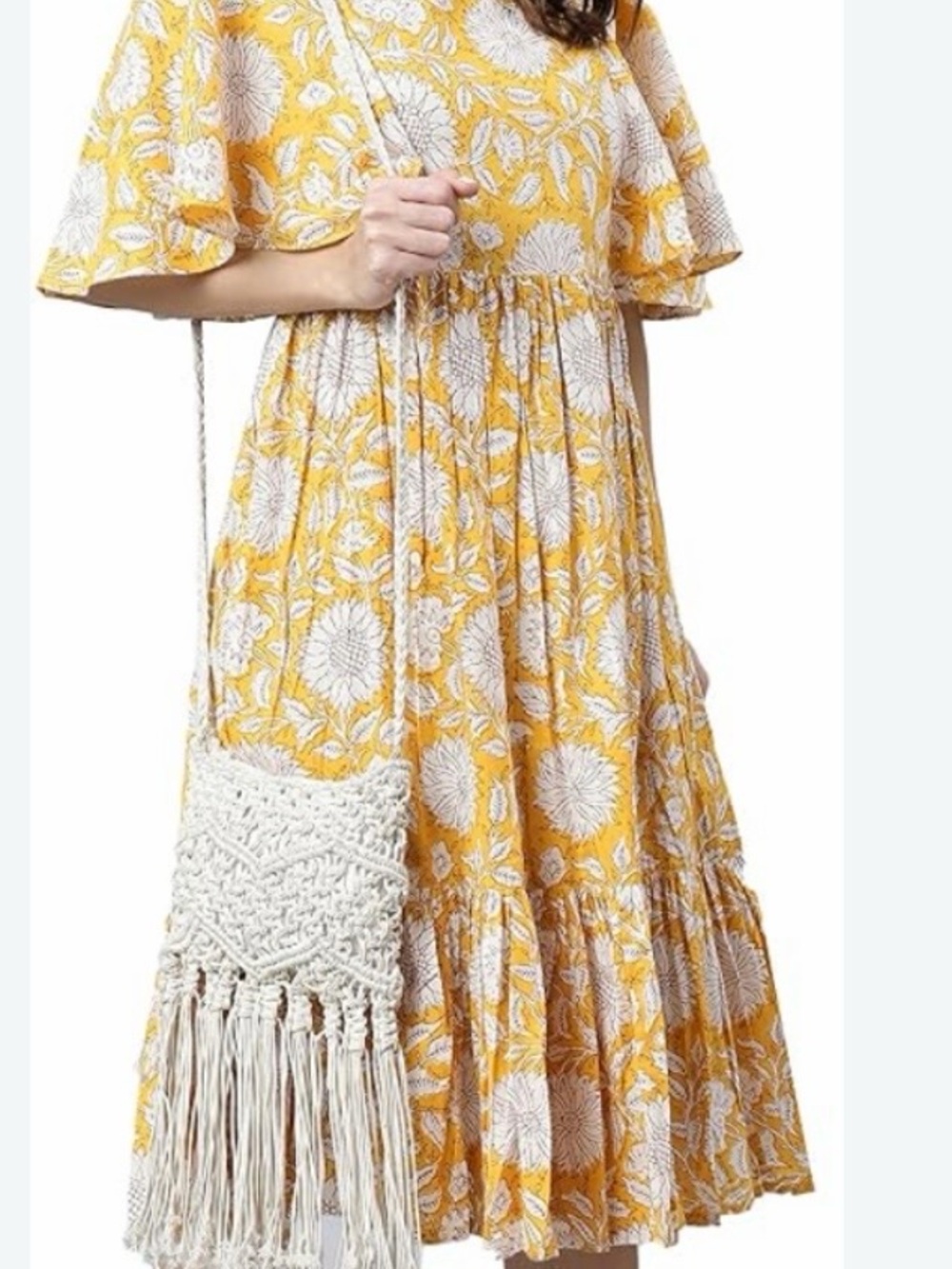 Janasya Floral Midi Dress in Yellow & White Size Large